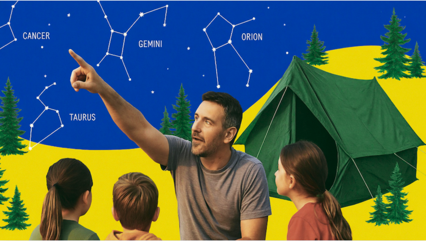 A parent teaching their homeschoolers about the constellations while on a trip