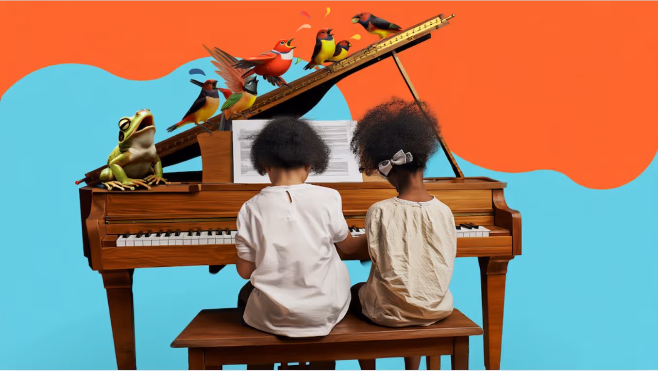 Two children playing piano as part of their music education