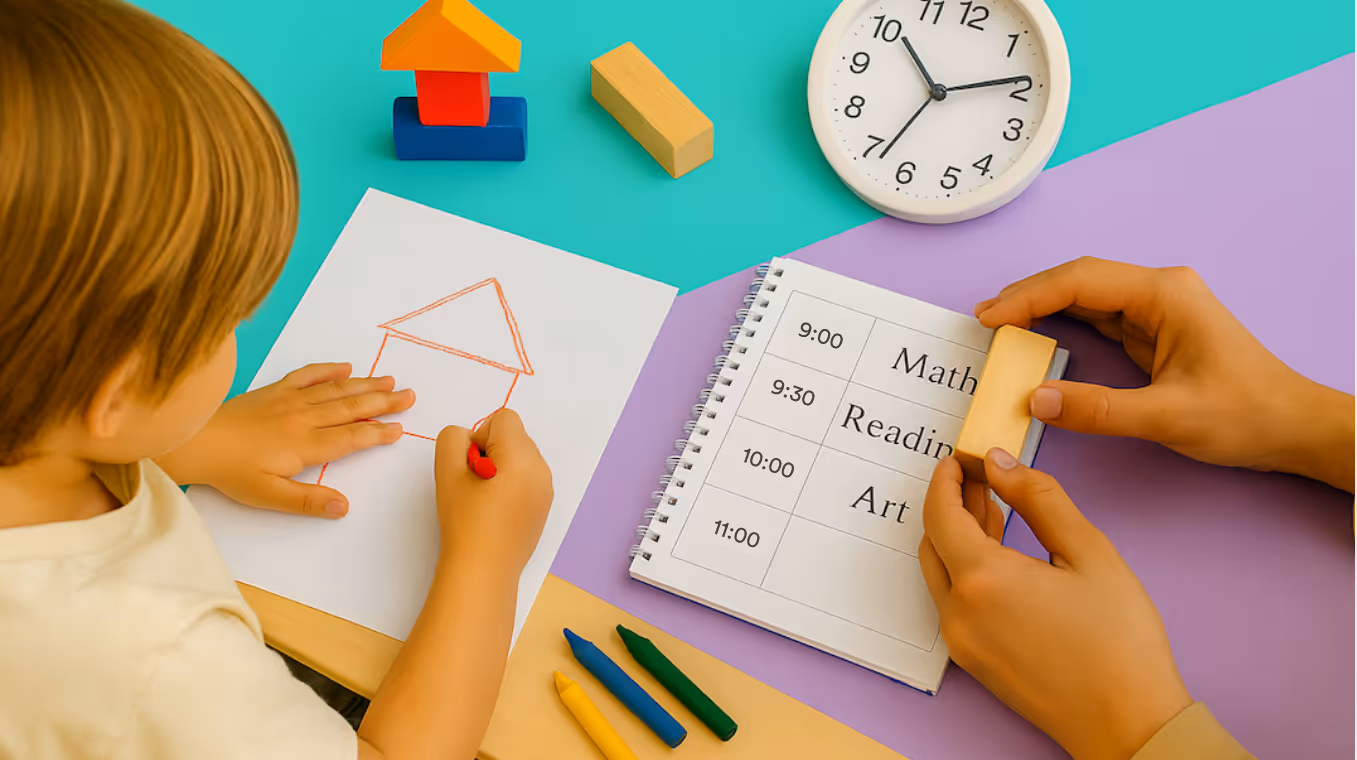 Kindergarten homeschool schedule including math, reading, and art