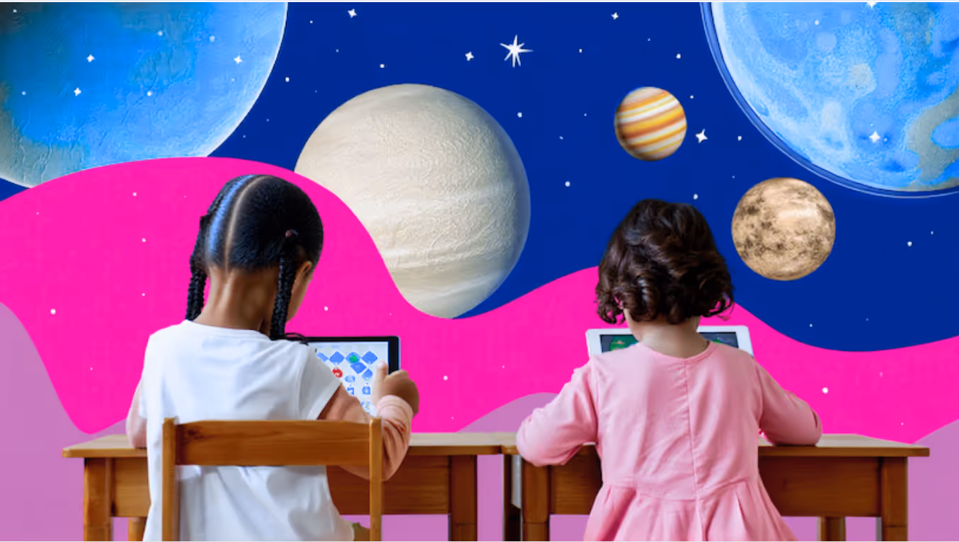 Two young students using personalized digital learning apps