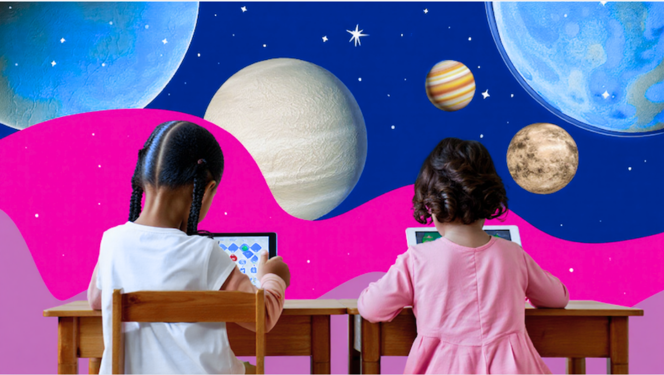 Two young students using personalized digital learning apps