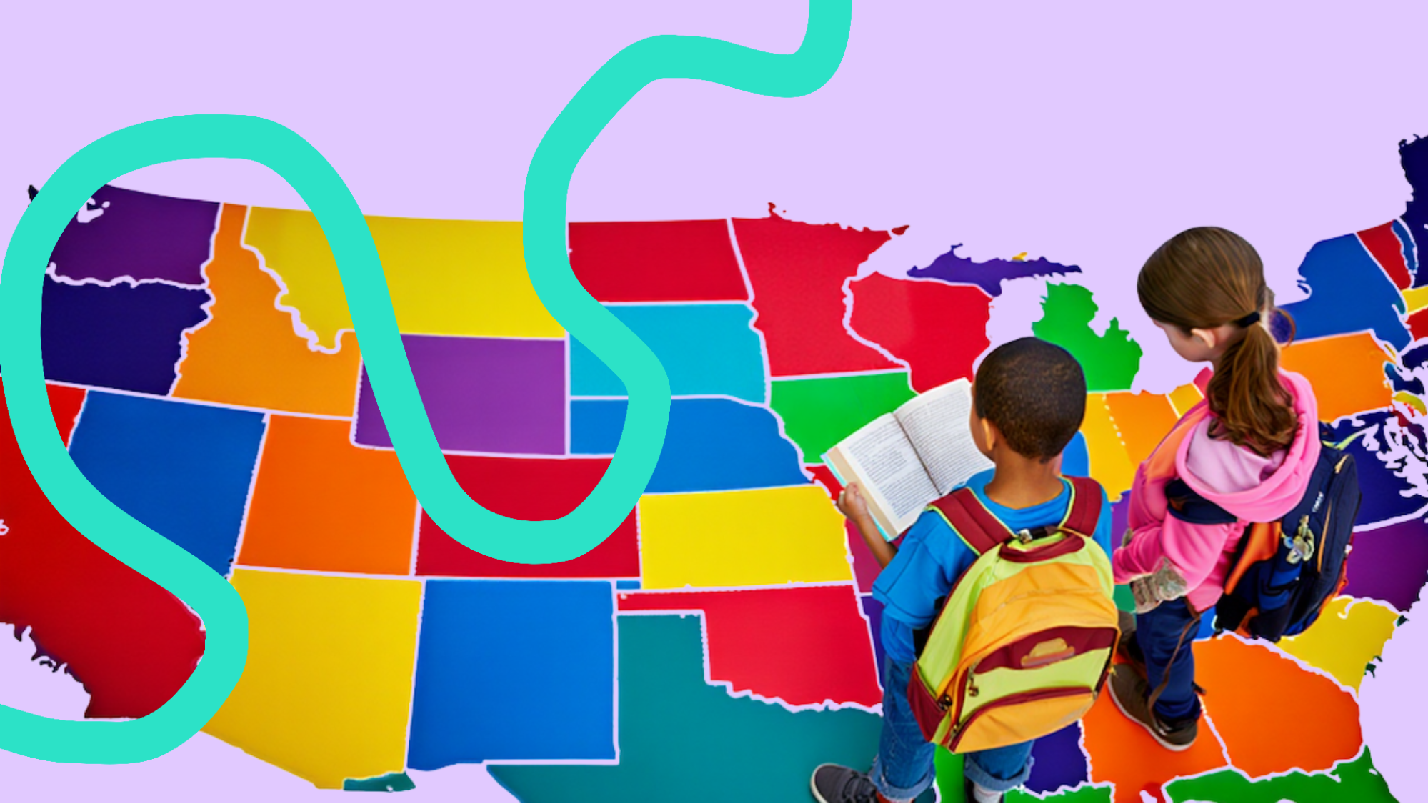 Homeschool kids on a map of the US learning about laws for homeschooling in each state