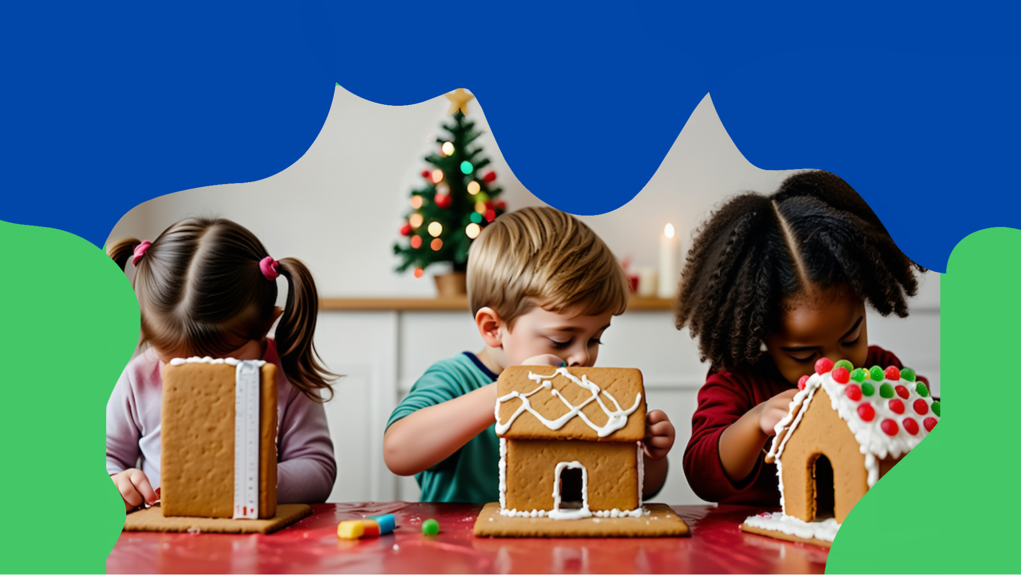Homeschool children learning about holiday traditions while decorating gingerbread houses