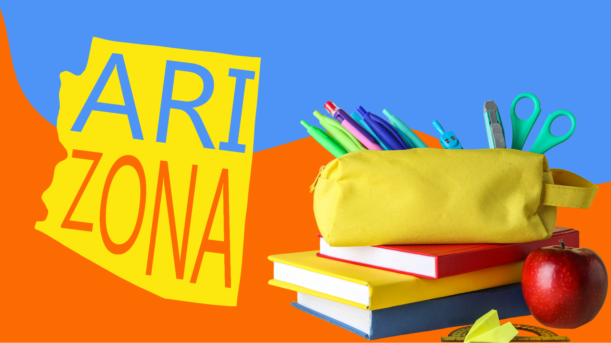 books and other school supplies with graphic of Arizona