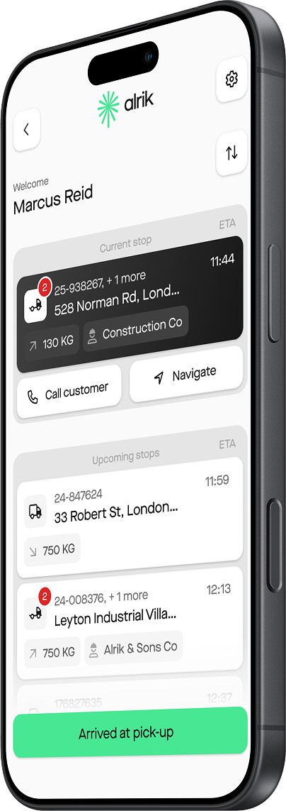 Alrik Drive app showing a driver's current stop and upcoming deliveries