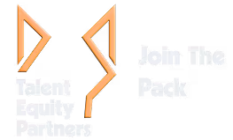 Abstract orange geometric shapes with the text 'Talent Equity Partners Join The Pack' in white.