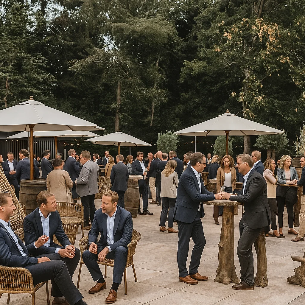 Geschäftsleute unterhalten sich bei einer Outdoor-Veranstaltung mit Stehtischen und Sonnenschirmen vor einem Wald.