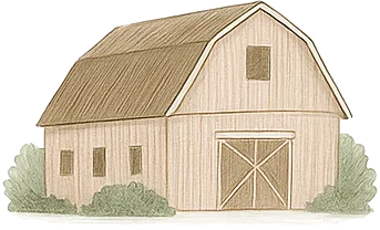 Zeichnung einer Holzbarn mit drei Fenstern, einer großen Doppeltür und Büschen rundherum.