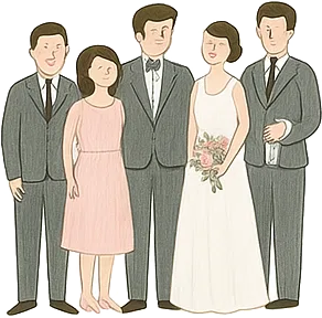 Illustration einer Hochzeitsgruppe mit zwei Frauen, einer in einem weißen Brautkleid mit Blumenstrauß, und drei Männern in Anzügen.