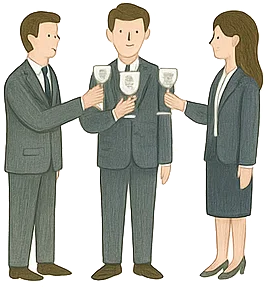 Drei Personen im Business-Outfit stoßen mit Weingläsern an.