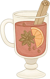 Eine Tasse Glühwein mit einem Zimtstängel, Sternanis und einer Orangenscheibe.