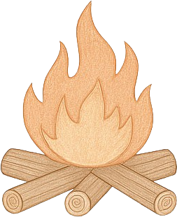 Holzfeuer mit brennenden Flammen über fünf gestapelten Baumstämmen.