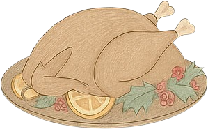 Gezeichneter, gebratener Truthahn auf Teller mit Zitronenscheiben und Weihnachtsdekoration.