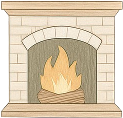 Zeichnung eines Kamins mit brennendem Holzfeuer und hellem Steinsims.