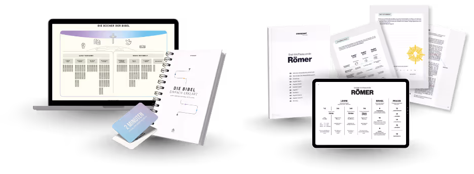 Das große Bild der Bibel, derm2minLeitfaden, das Römer-Workbook und die 2minBibel-Karten