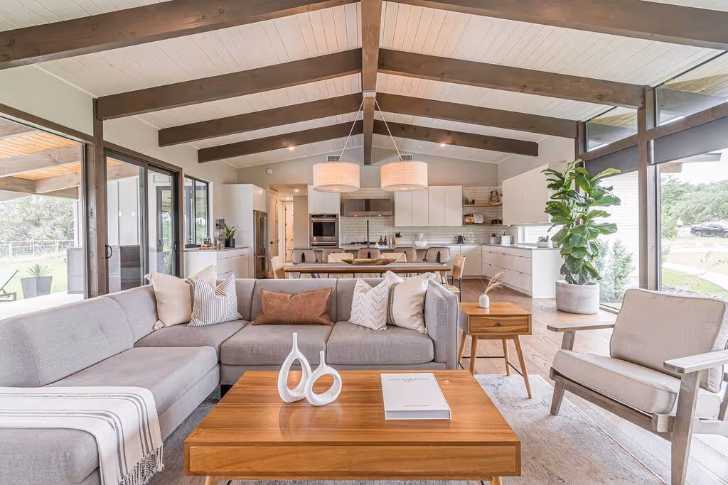 The interor living room of a mid-modern century style home