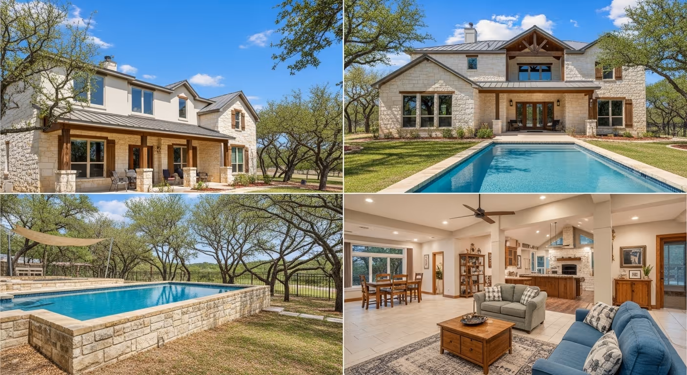 A photo showing 4 different views of a home.