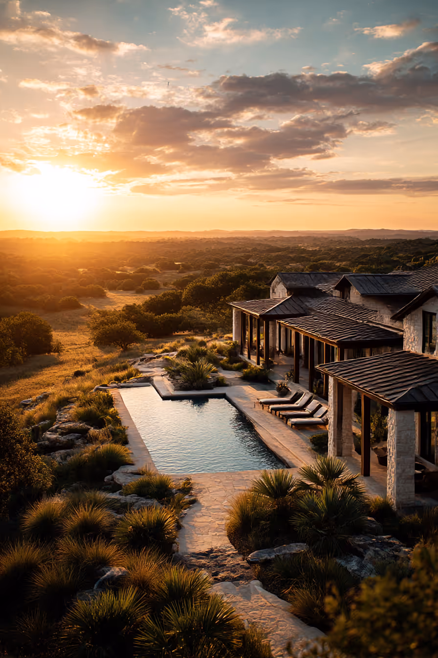A view of a home with a pool overlooking the texas hill country