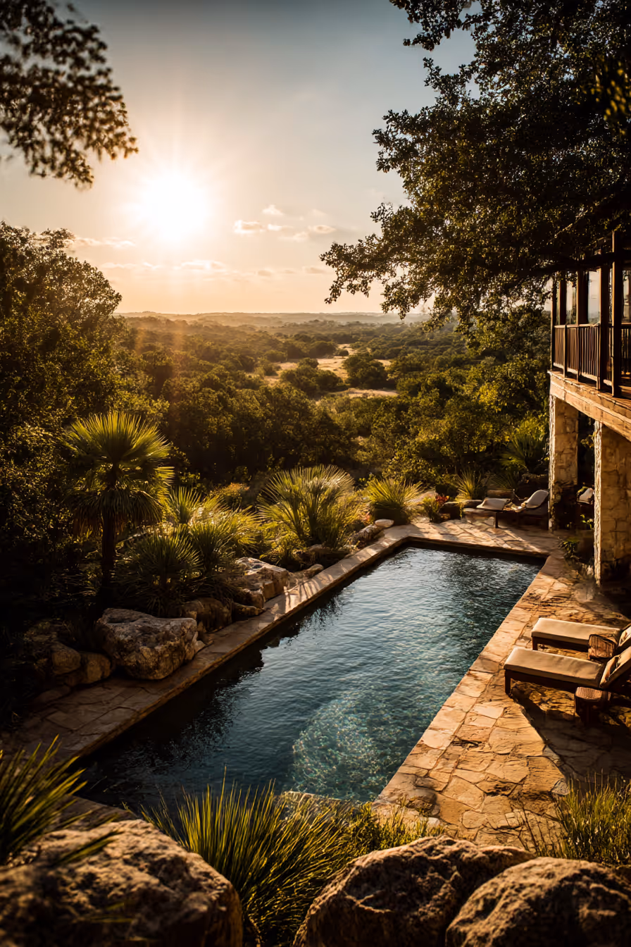 The backyard view of a house with a pool, overlooking the hills