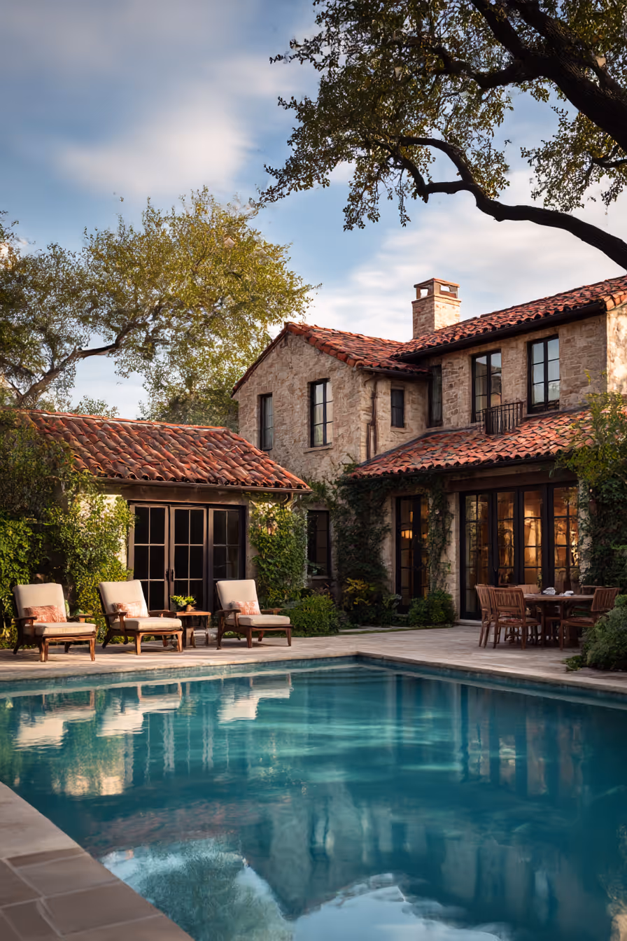 A high end home made of stone with red roof and a pool