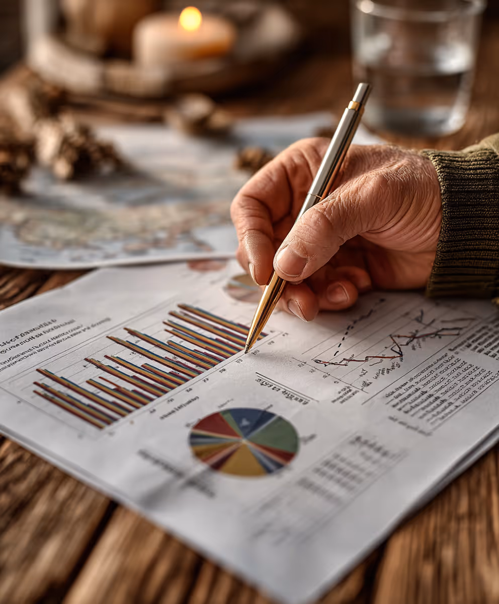 A hand holding a pencil on top of a paper showing graphs and charts.