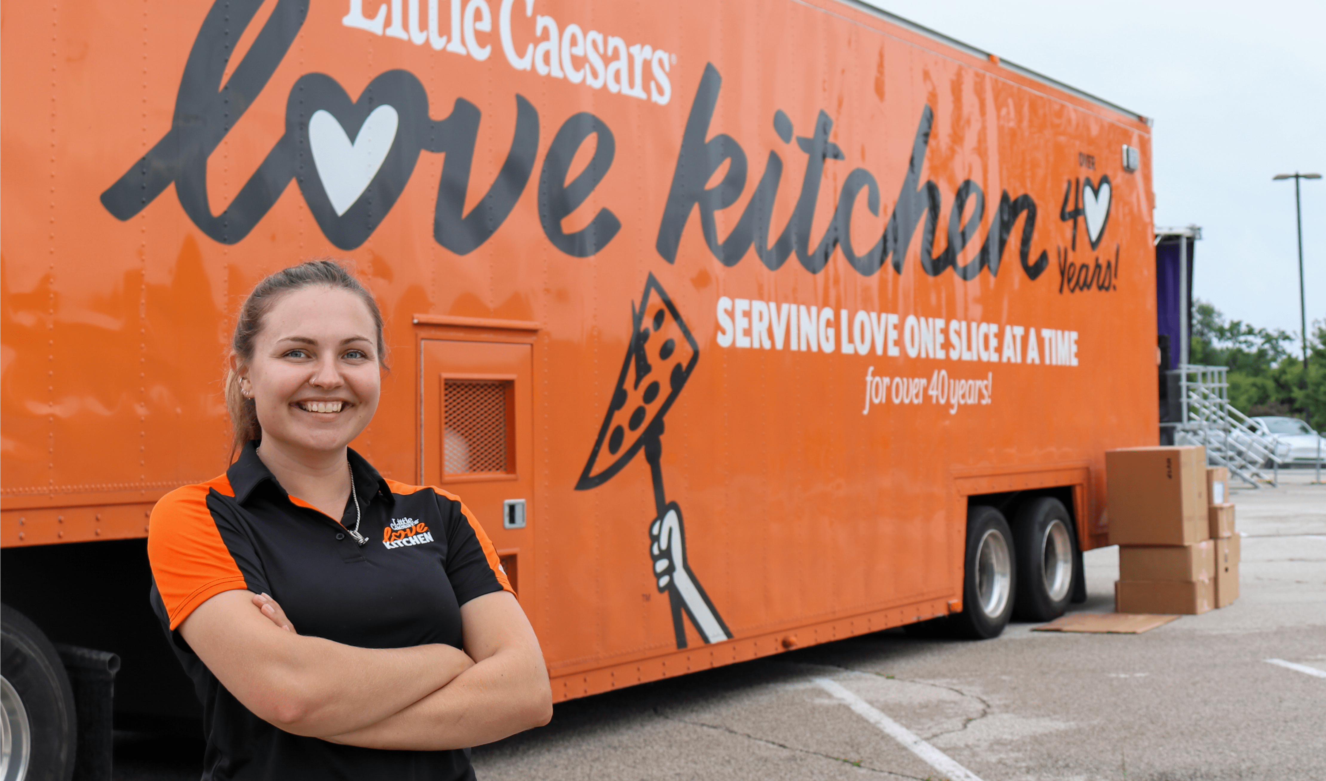 Family sharing Little Caesars pizza