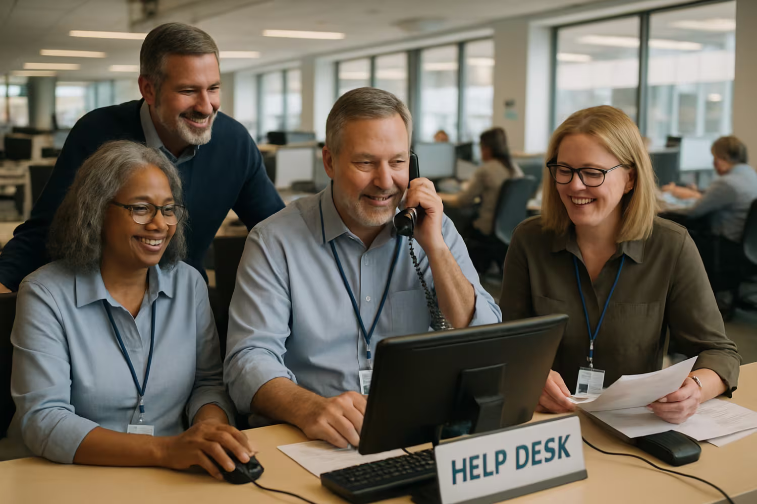 Diverse IT tech support team collaborating