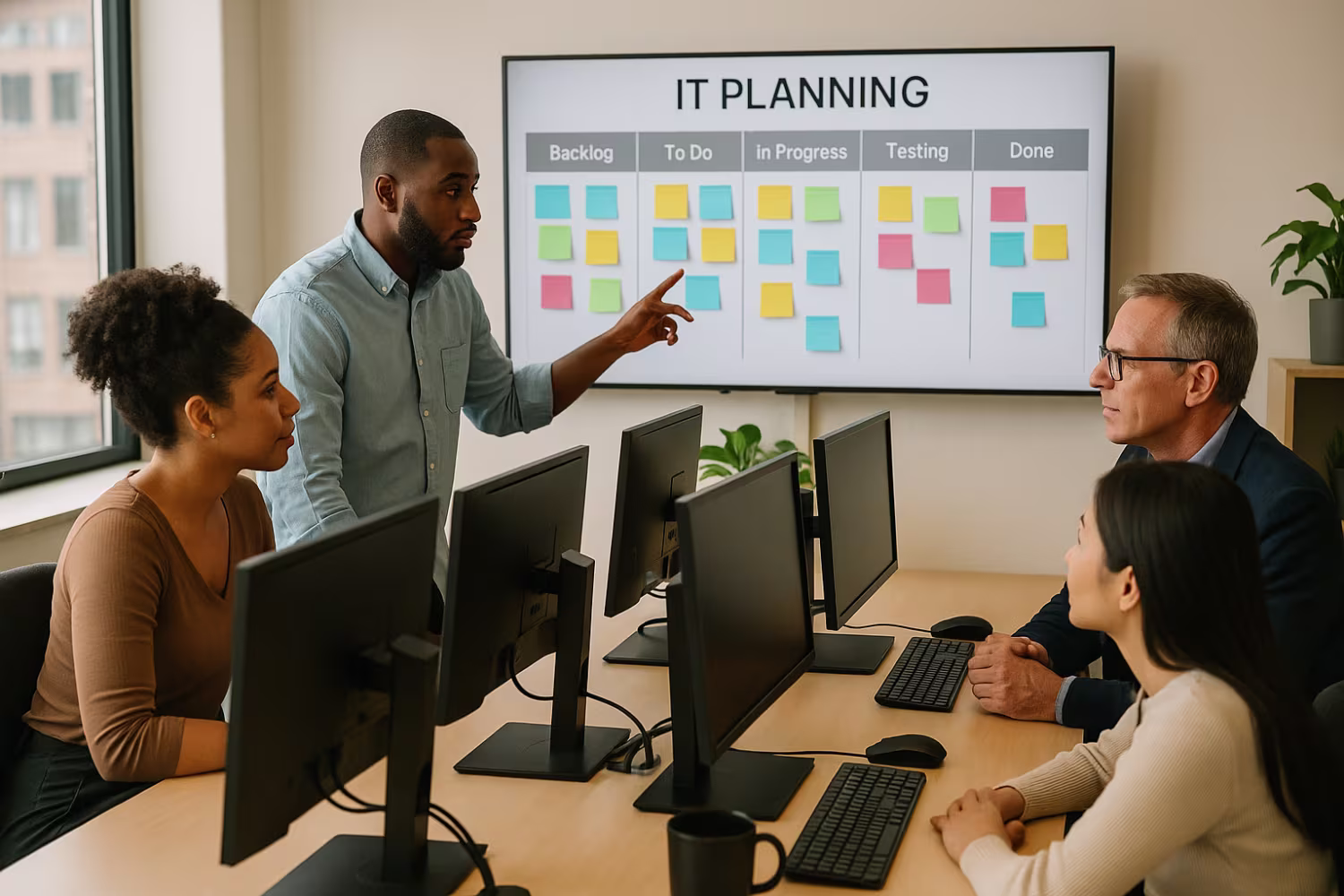 Diverse team conducting IT strategy planning