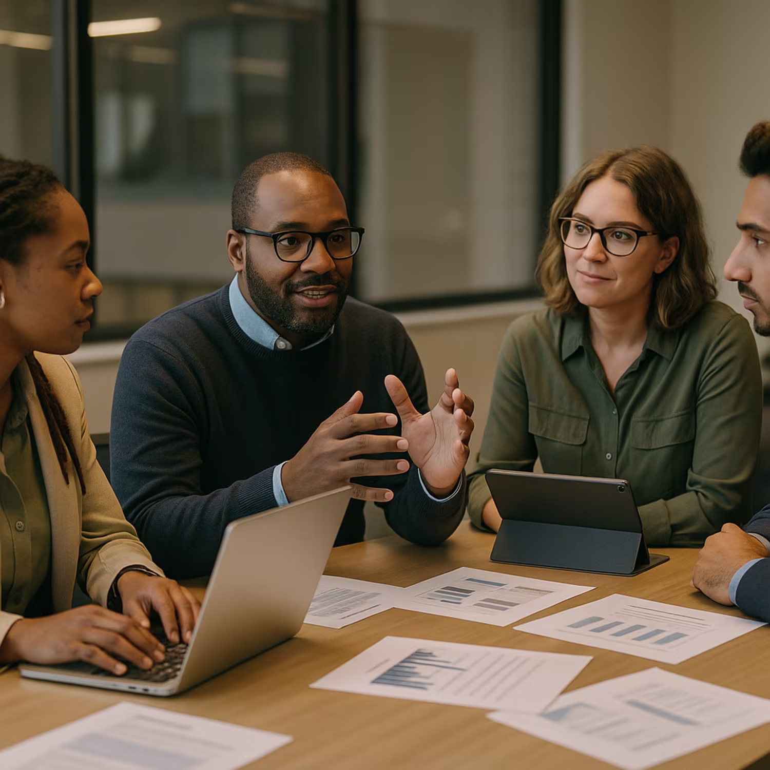 Diverse professionals discussing technology procurement