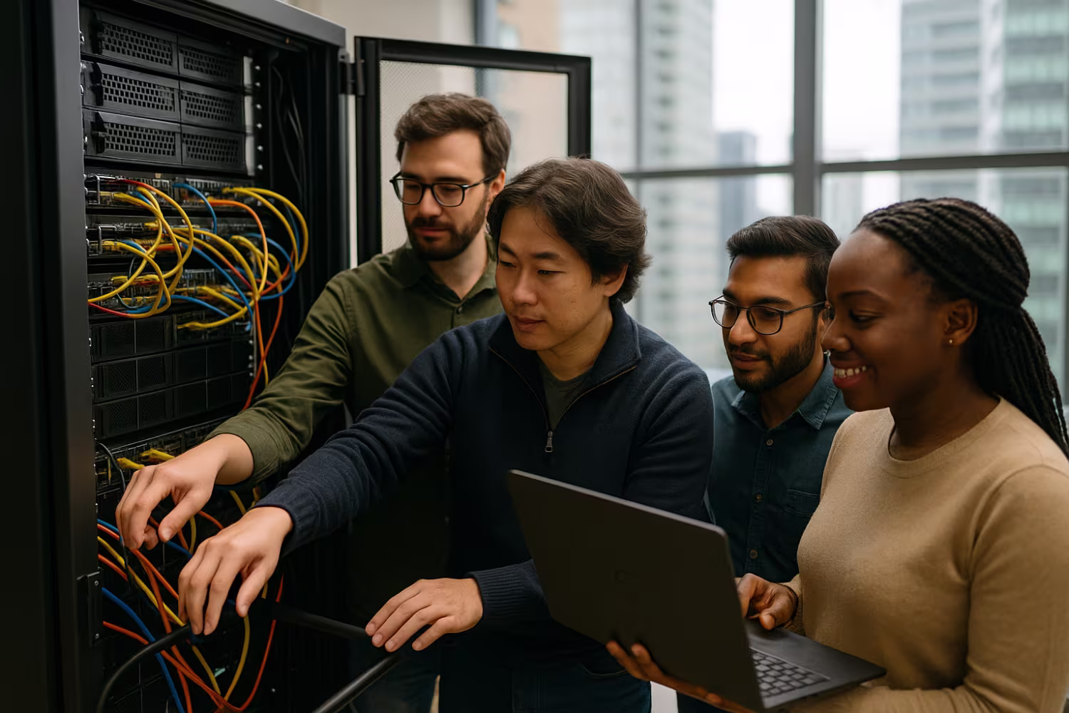 Diverse IT professionals managing servers