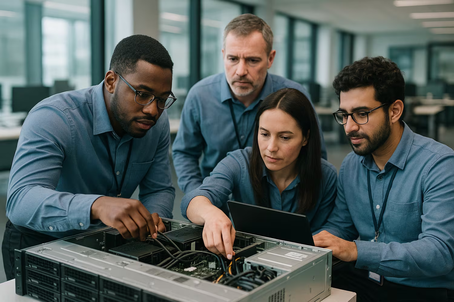 Diverse team managing servers attentively