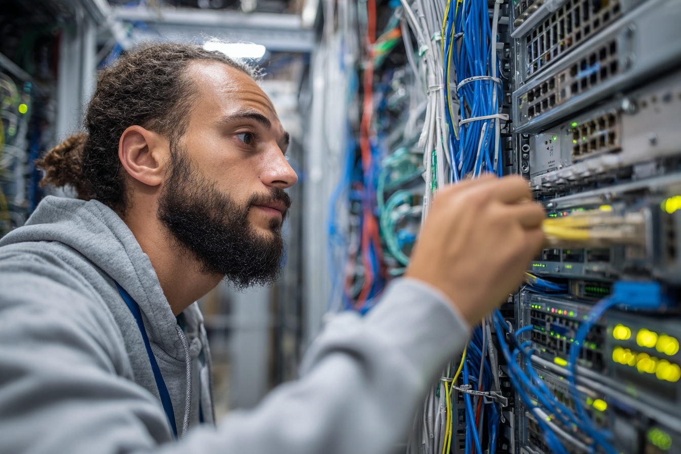 Network security engineer adjusting firewalls