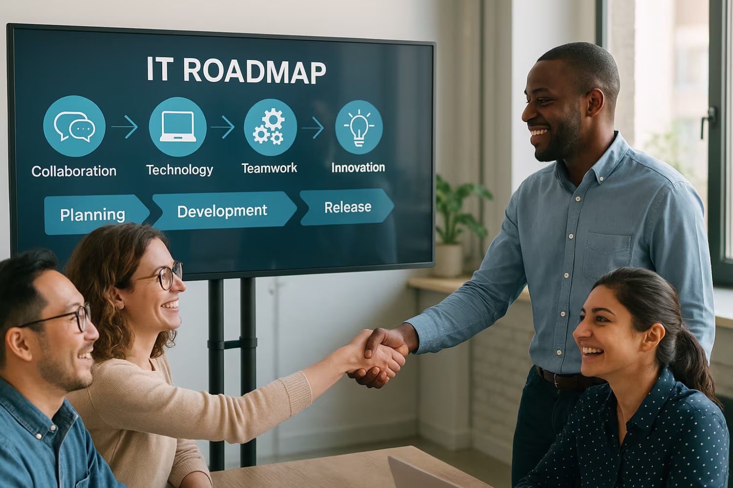 Diverse team collaborating on IT roadmap