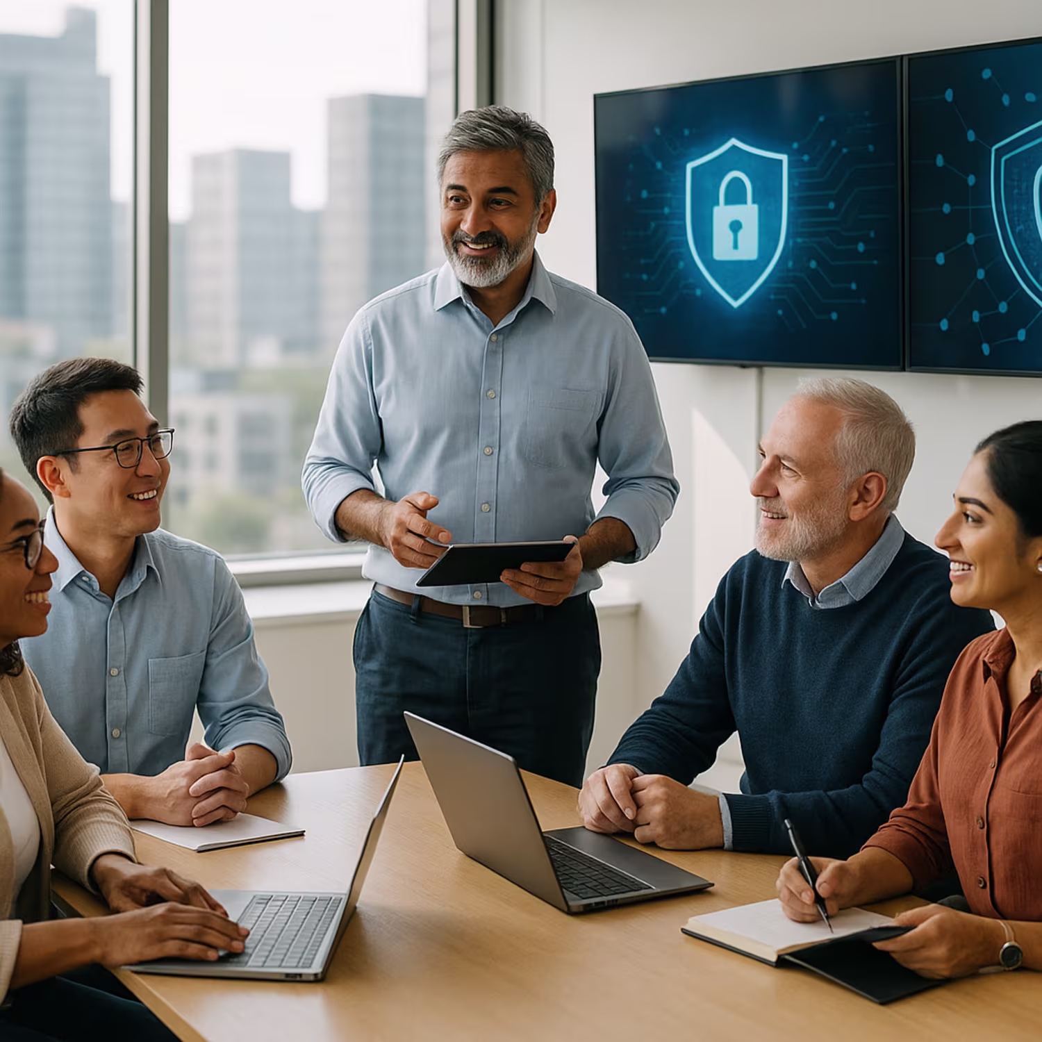 Diverse professionals discussing IT security frameworks