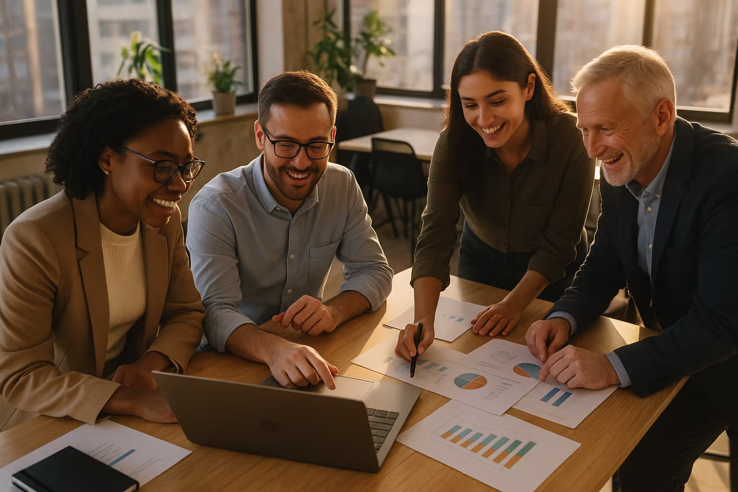 Diverse team discussing Microsoft 365 license