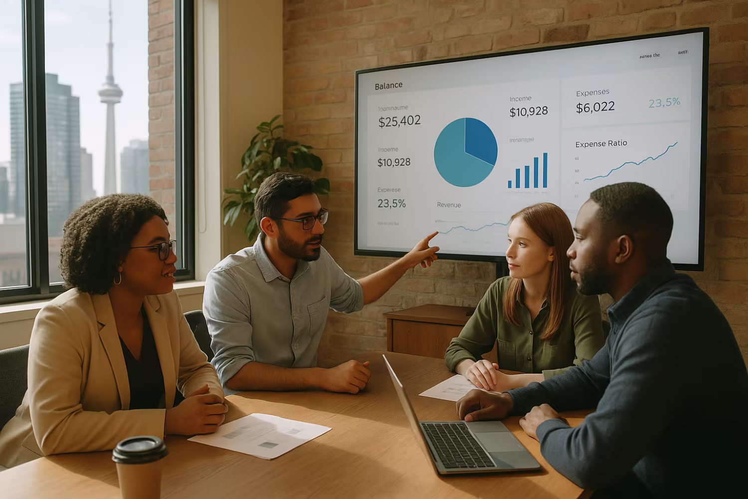 Diverse team collaborating over financial IT systems