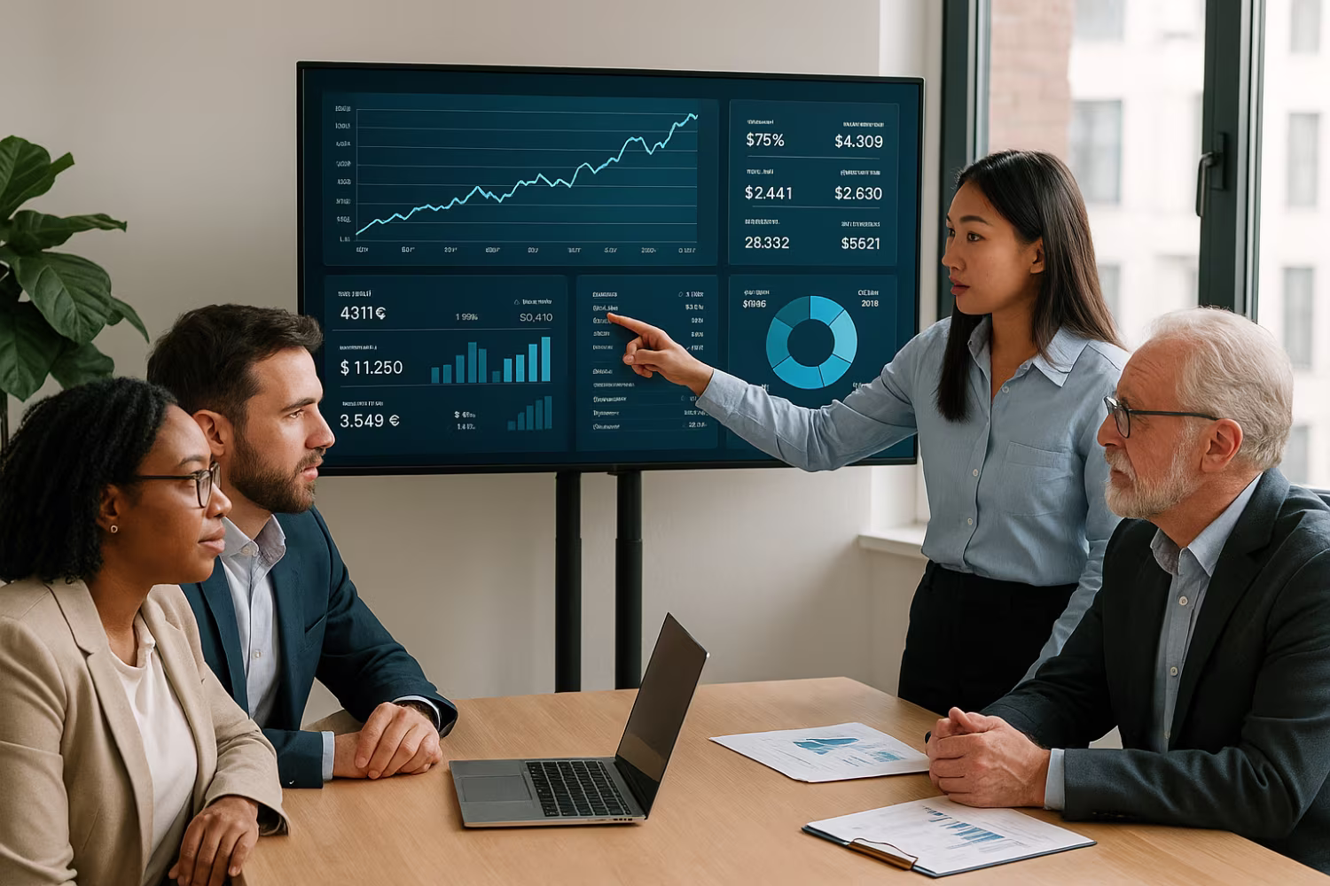 Diverse team analyzing finance IT systems