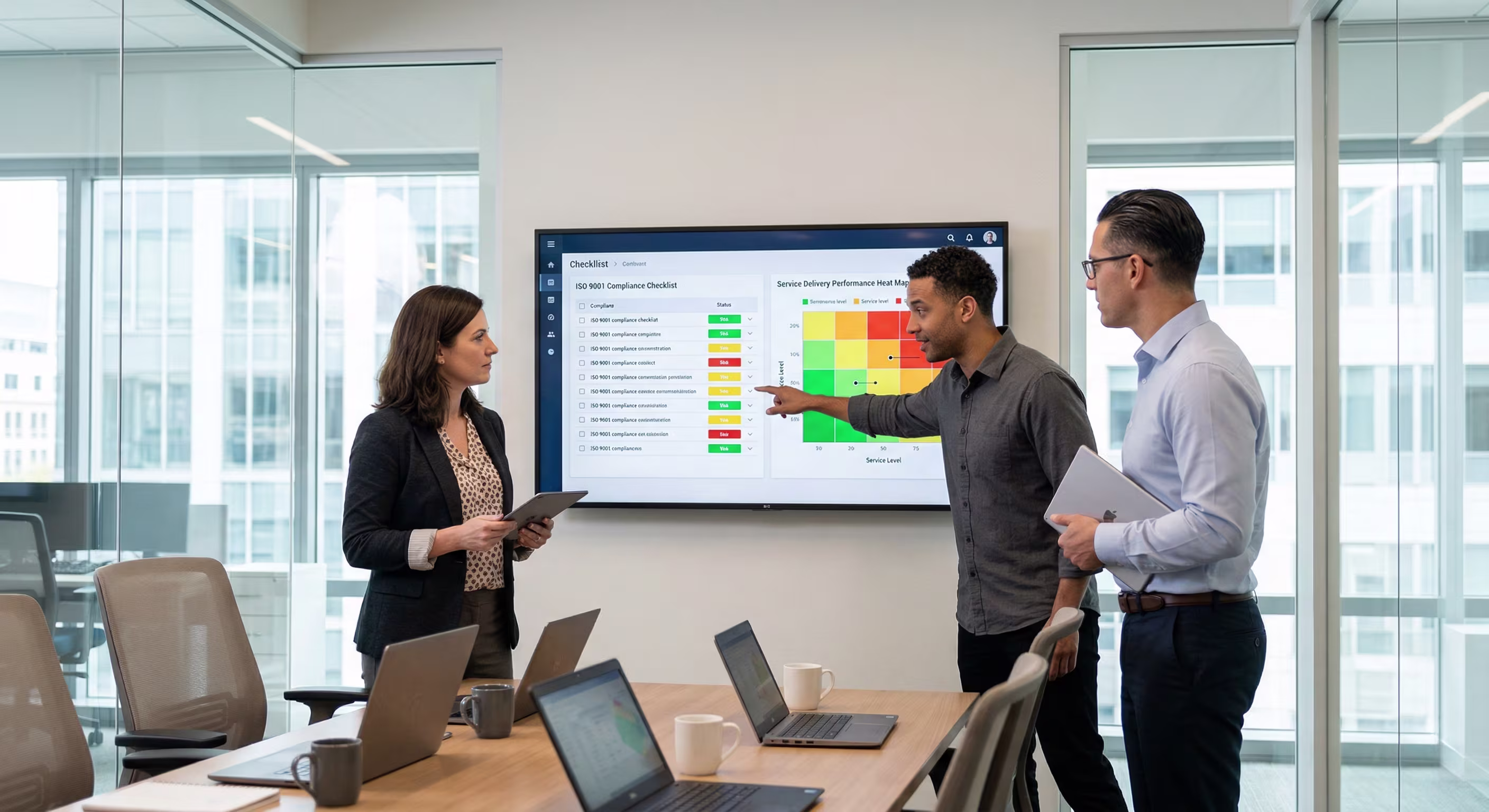 Diverse IT professionals discussing quality management system