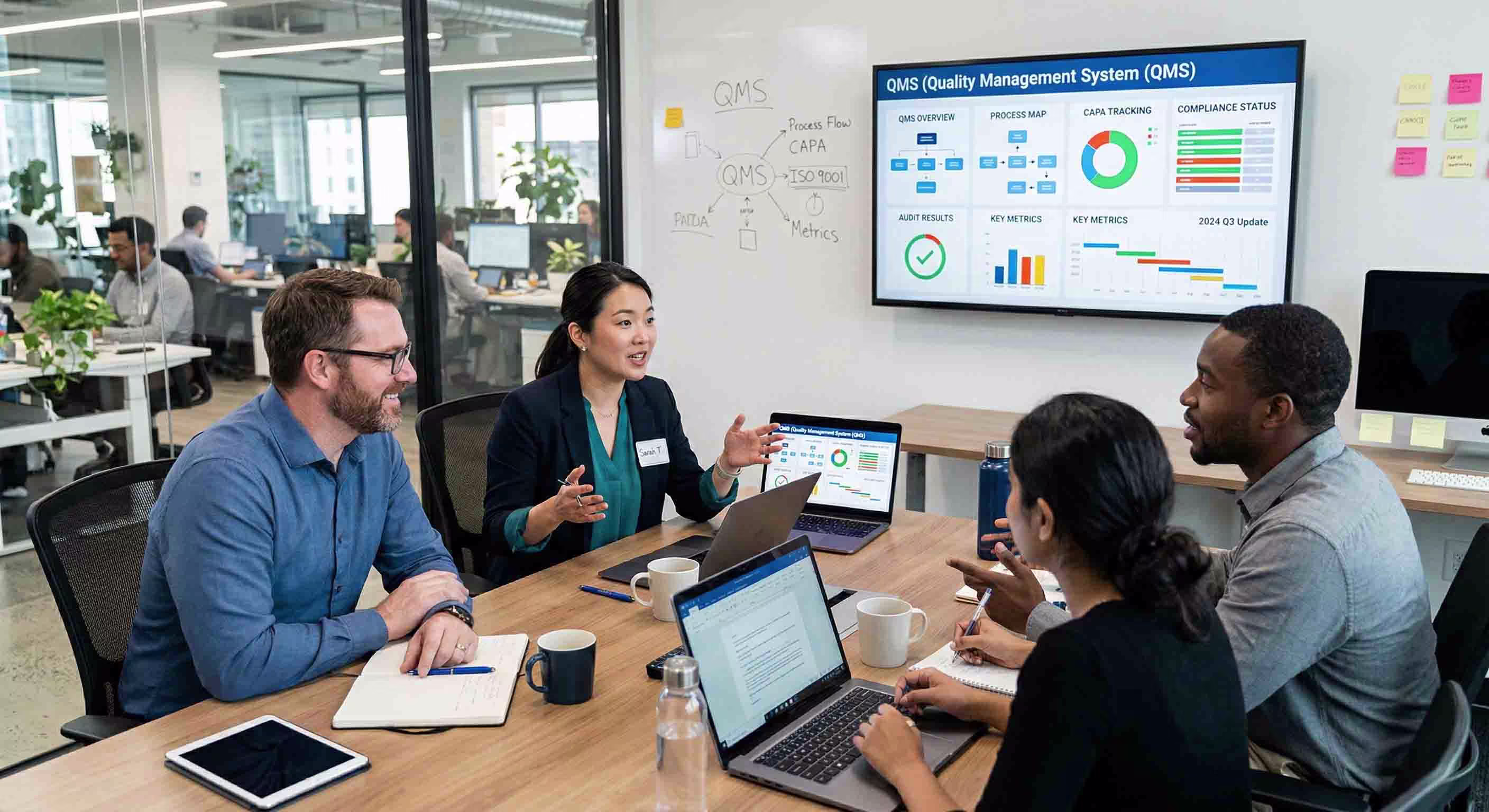 IT professionals discussing quality management system