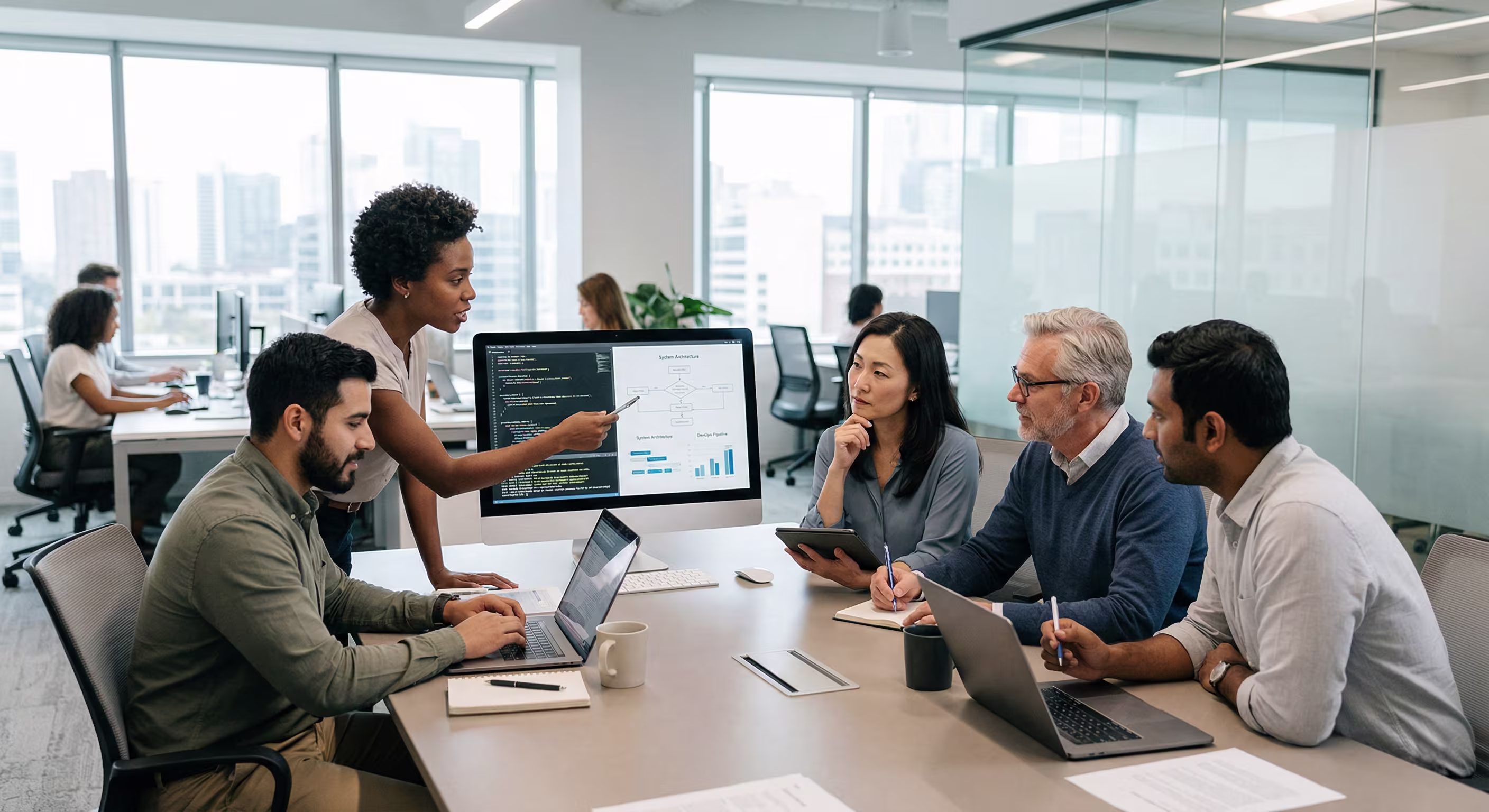 Diverse IT outsourcing team collaborating