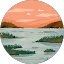 Painted circular landscape scene with a river, green trees, and a coral-pink sunset sky reflecting on calm water