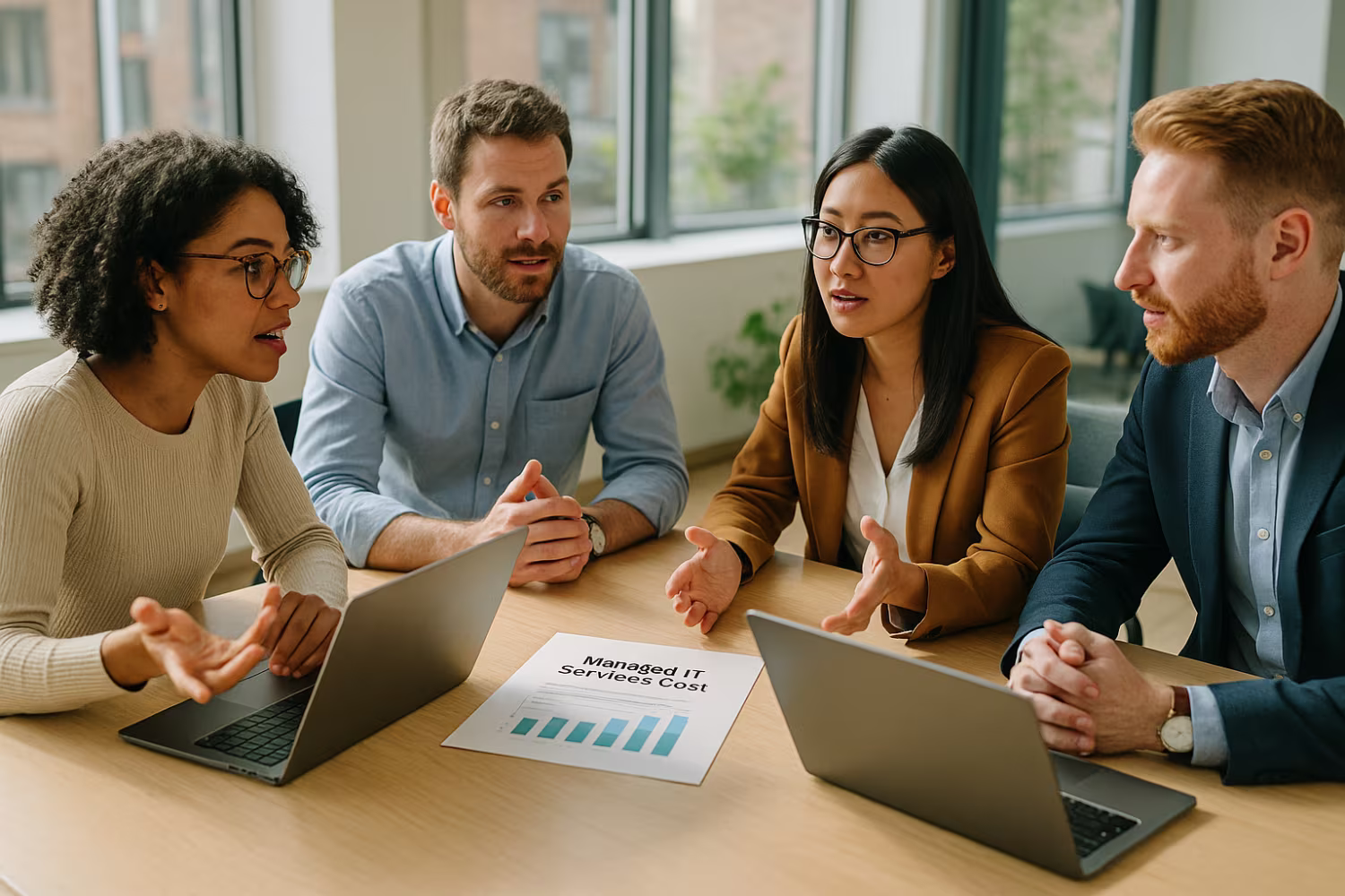 Diverse team discussing managed IT services cost