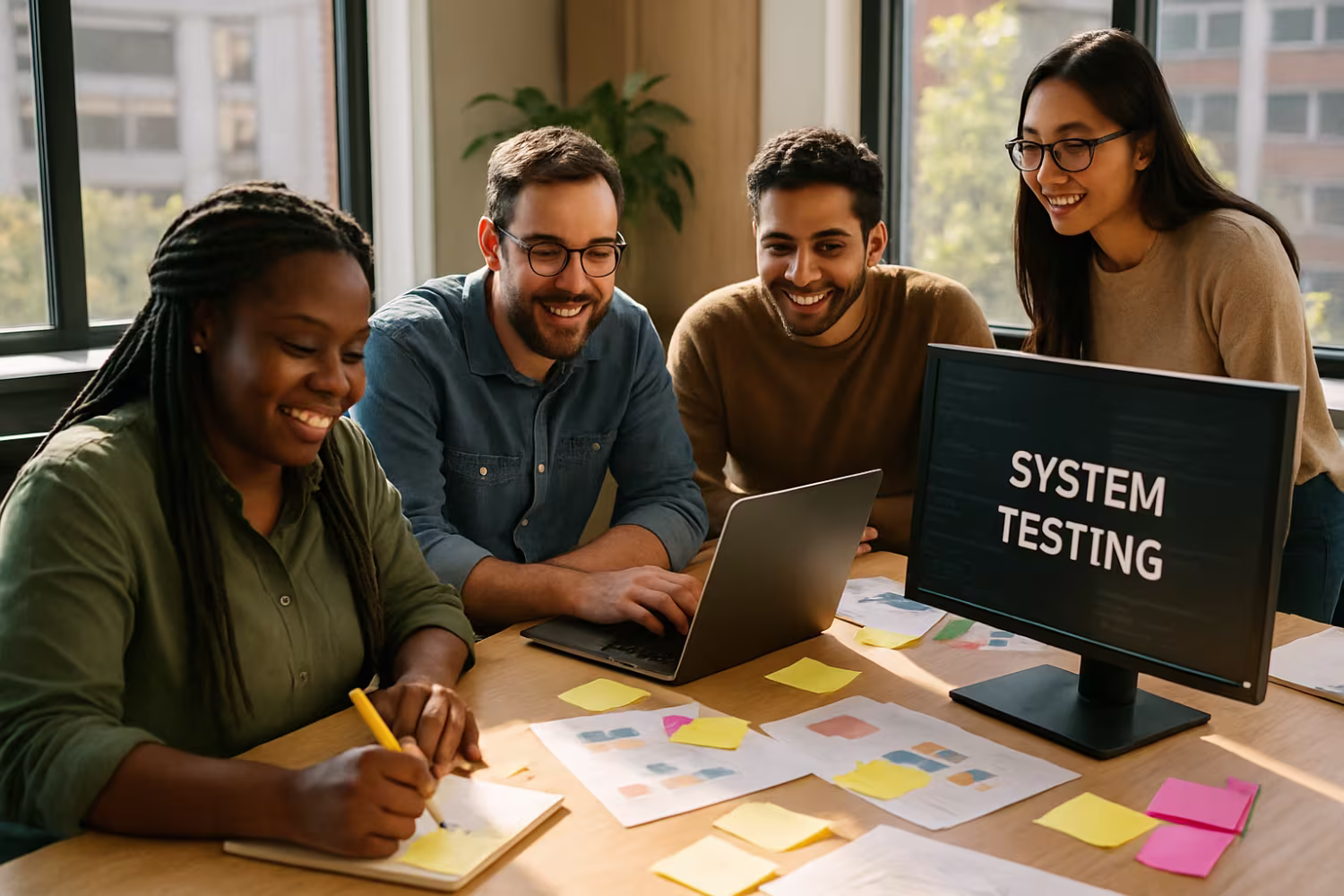 Diverse IT professionals during system testing
