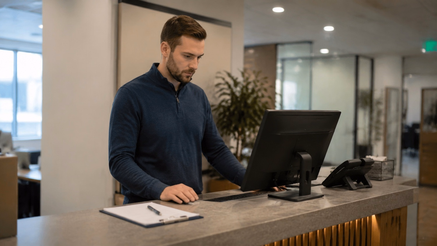 RECEPTION AREA An IT professional one person standing at a front reception d