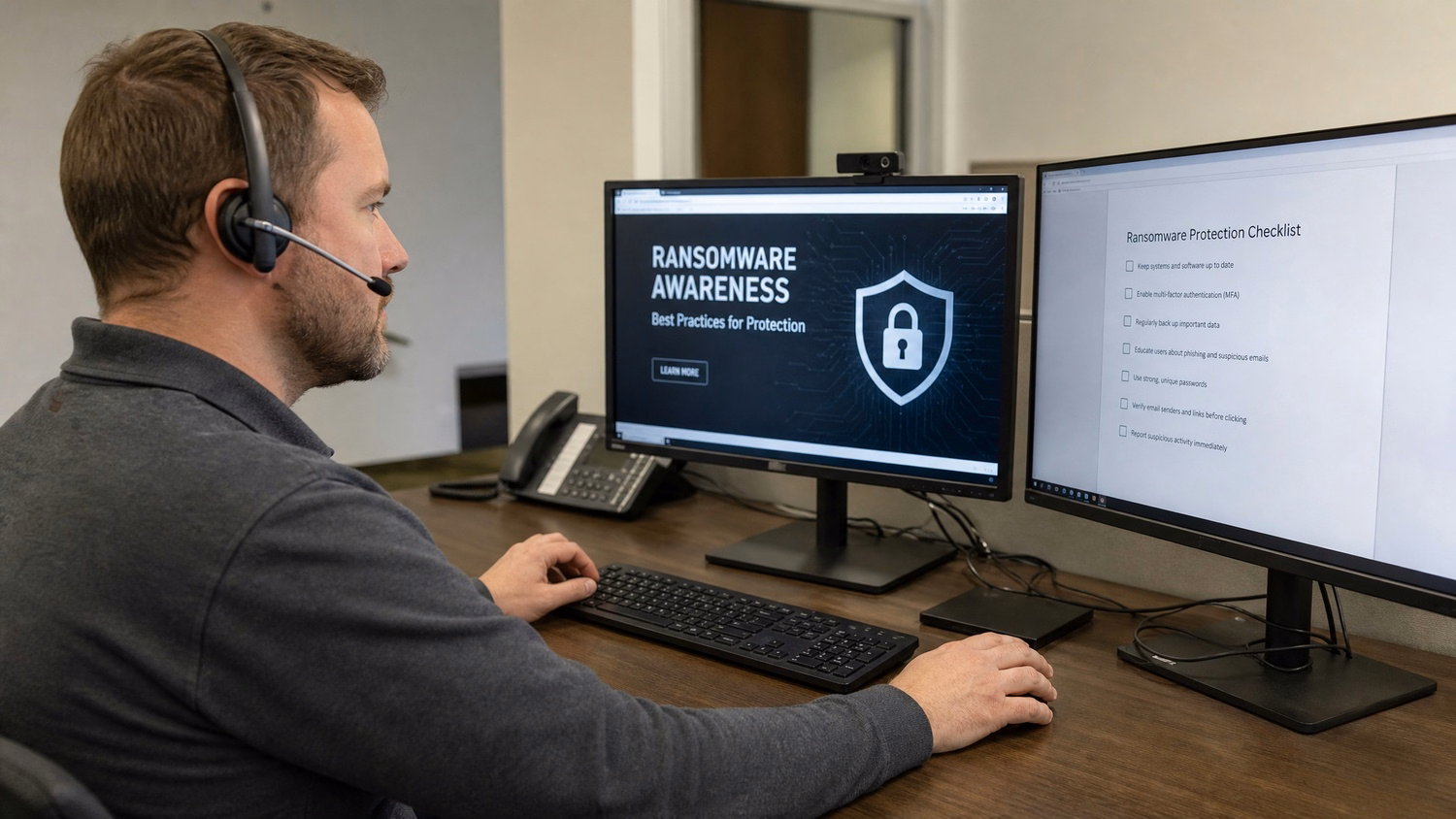 HELP DESK COUNTER An IT professional one person at a help desk counter with