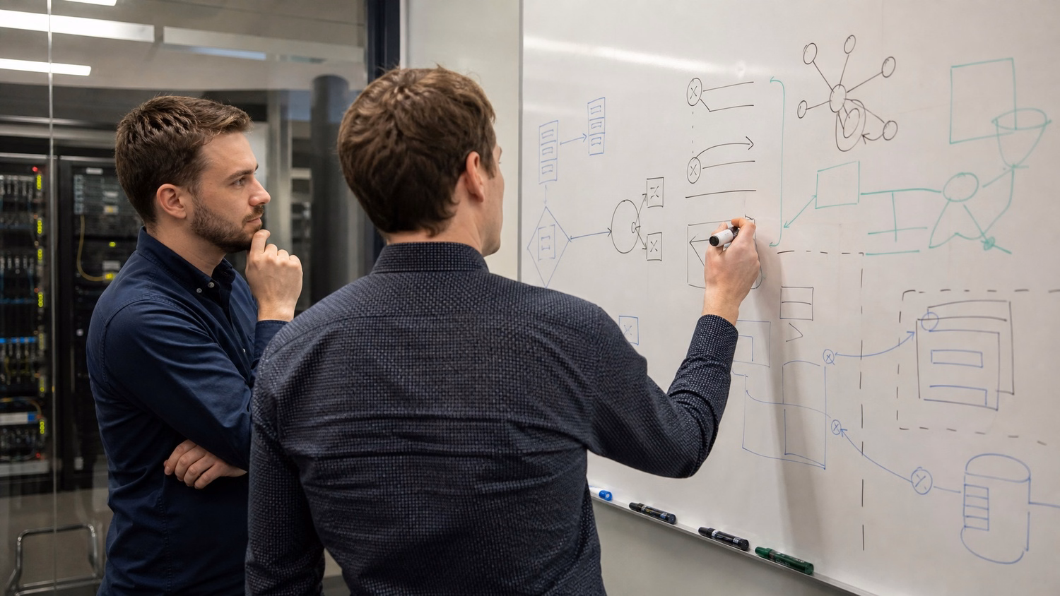 WHITEBOARD SESSION An IT professional  one or two people standing at a whiteb