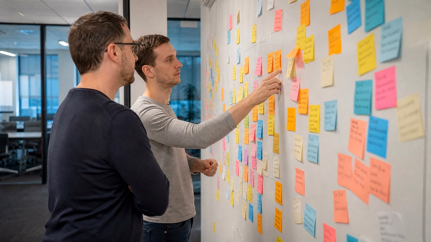 STICKY NOTE WALL An IT professional  two people standing at a wall covered wi