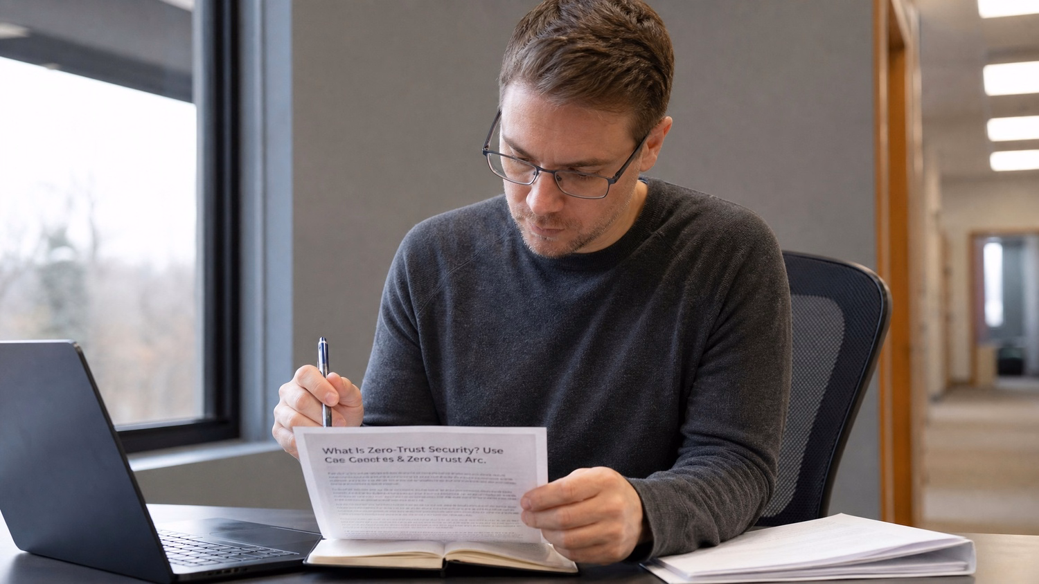 FOCUSED READING An IT professional  one person seated at a desk reading print