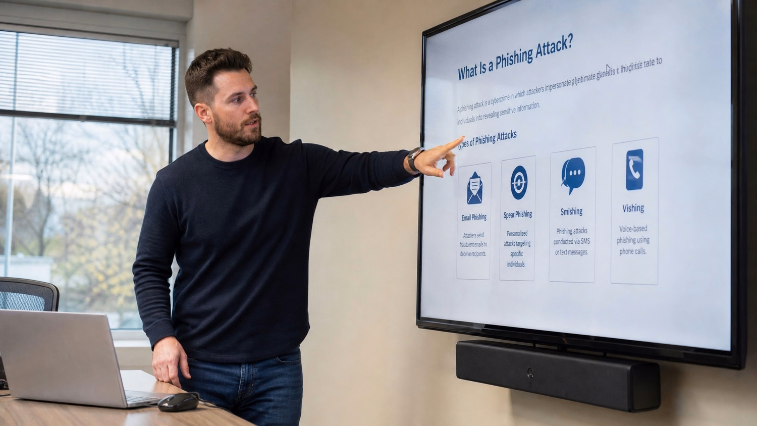 PRESENTATION SCREEN An IT professional  one person standing beside a large wa