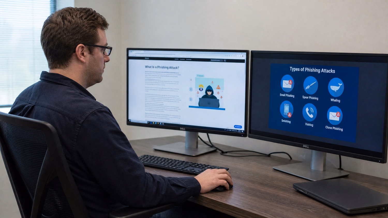 DUAL MONITOR DESK An IT professional  one person at a corner desk with two la